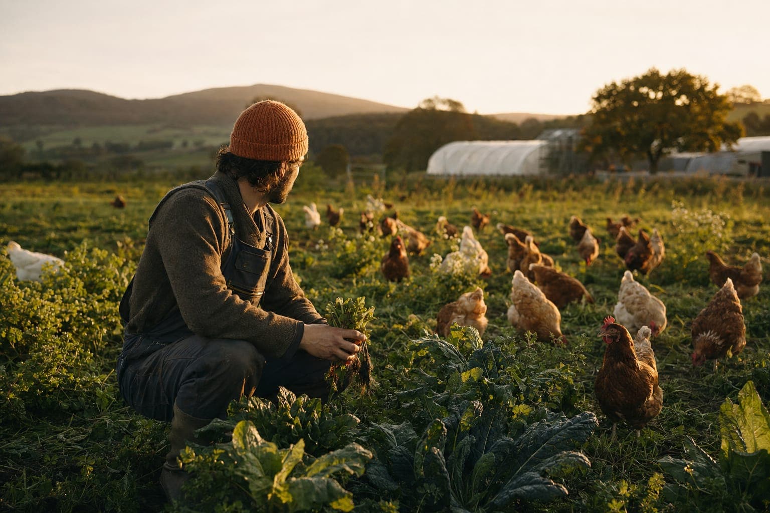 A person tending crops in a field of flowers in golden afternoon light
