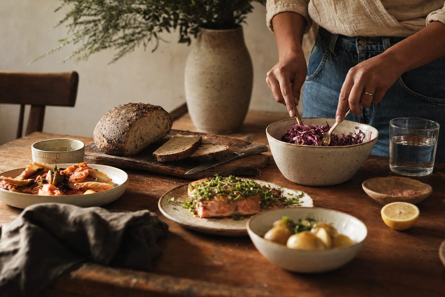 A person at a wooden table with a spread of gentle whole foods in warm light