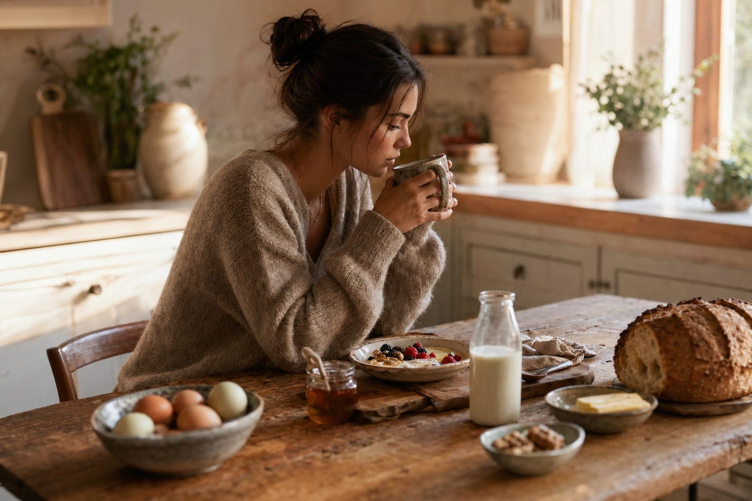A woman in a bright kitchen preparing a balanced bowl of food