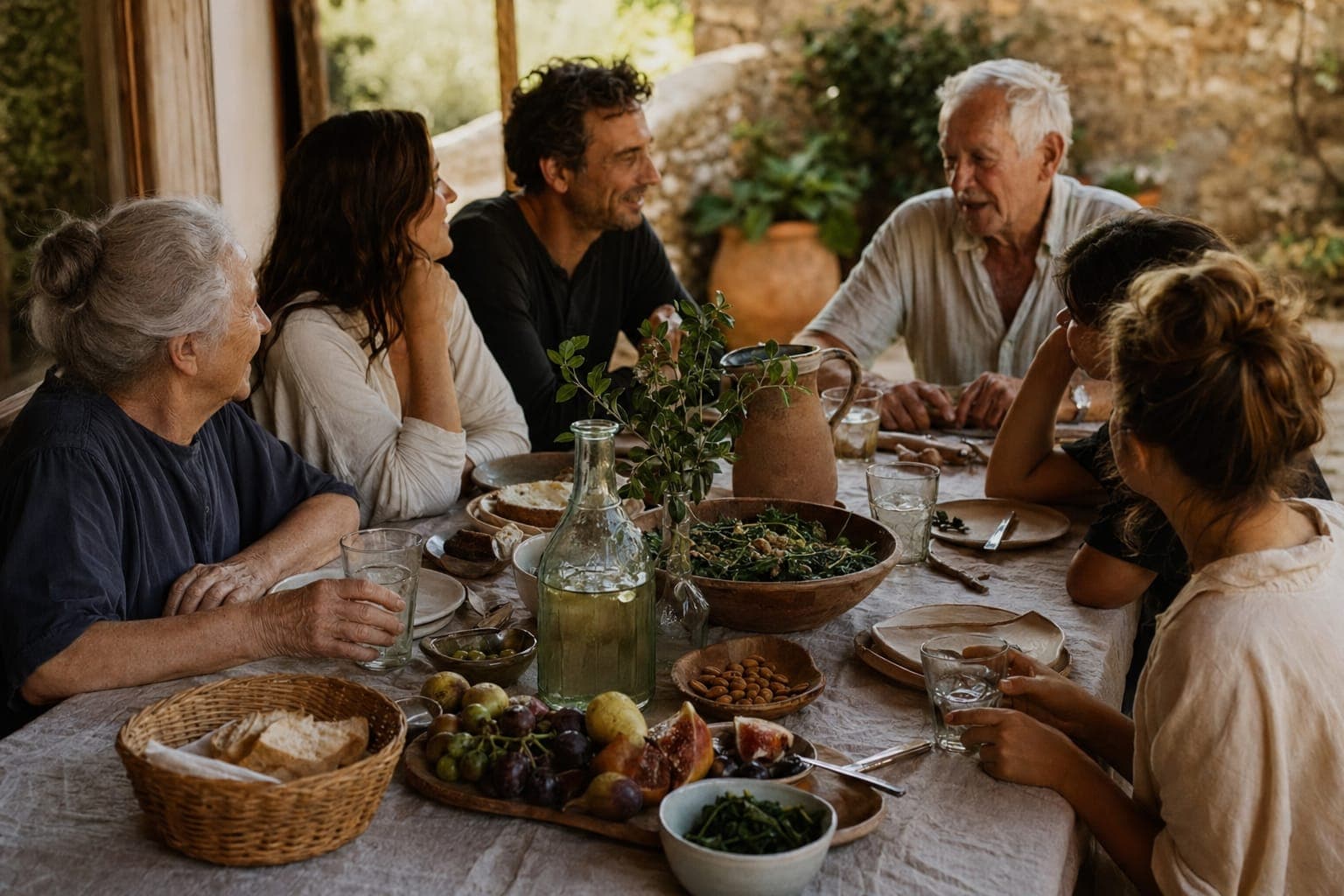 A group sharing a convivial meal of whole foods around a table