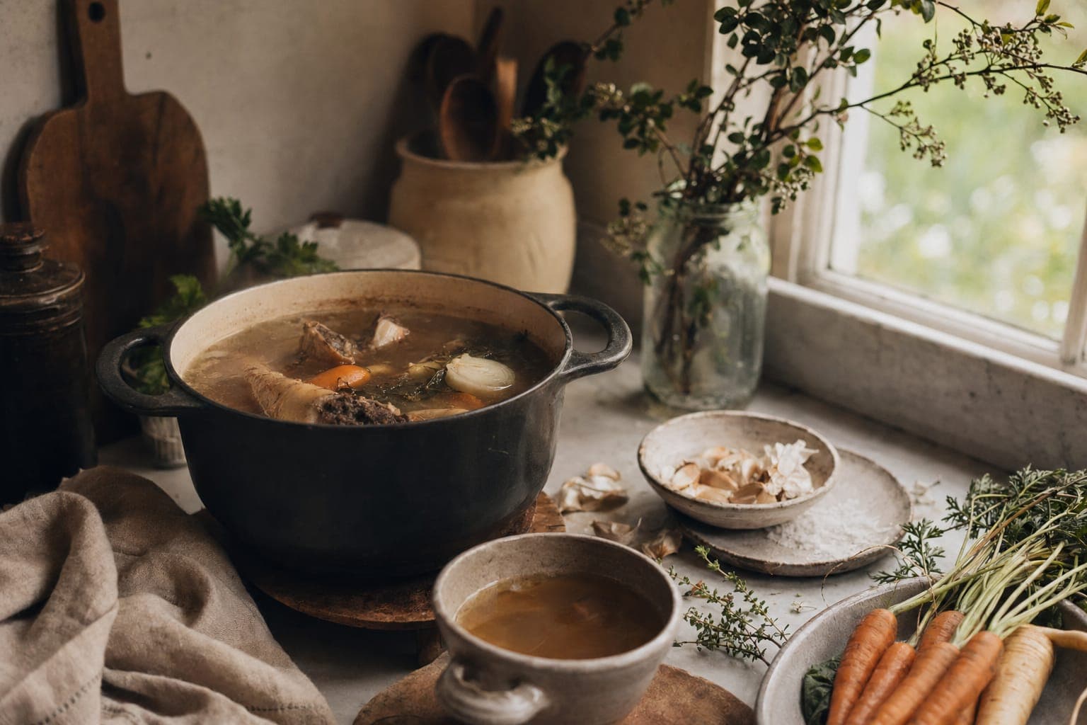 A pot of steaming bone broth on a kitchen counter in soft window light