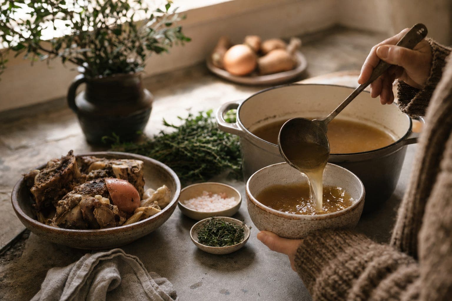 A pot of bone broth with marrow bones and vegetables on a rustic stove