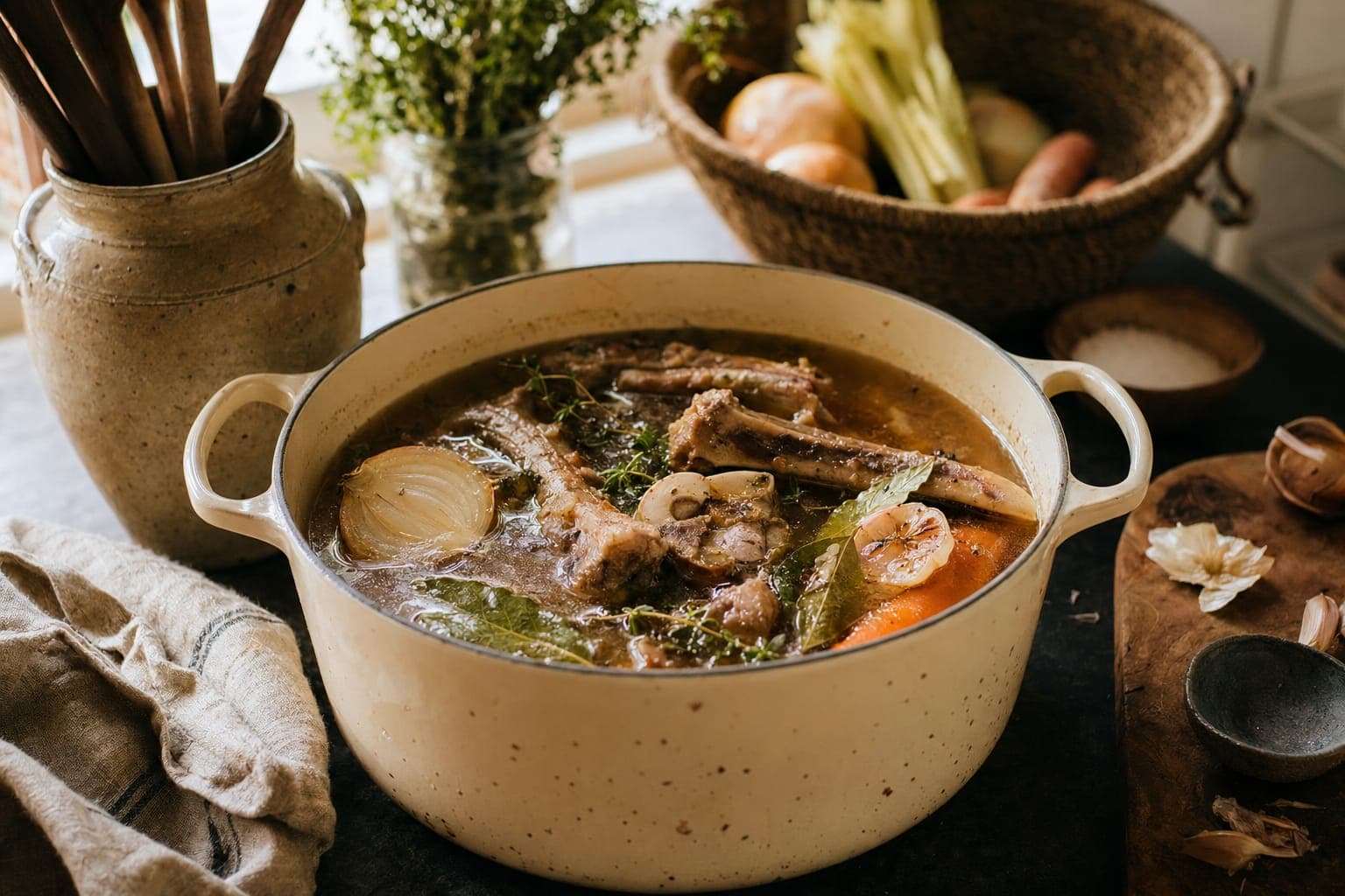 A bowl of bone broth with vegetables and herbs in warm light