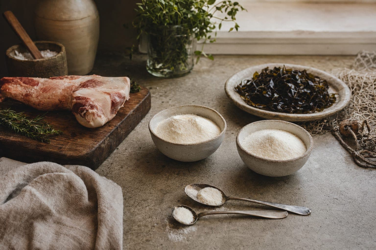 Fish and red meat on a board with bowls, comparing collagen sources, in warm light