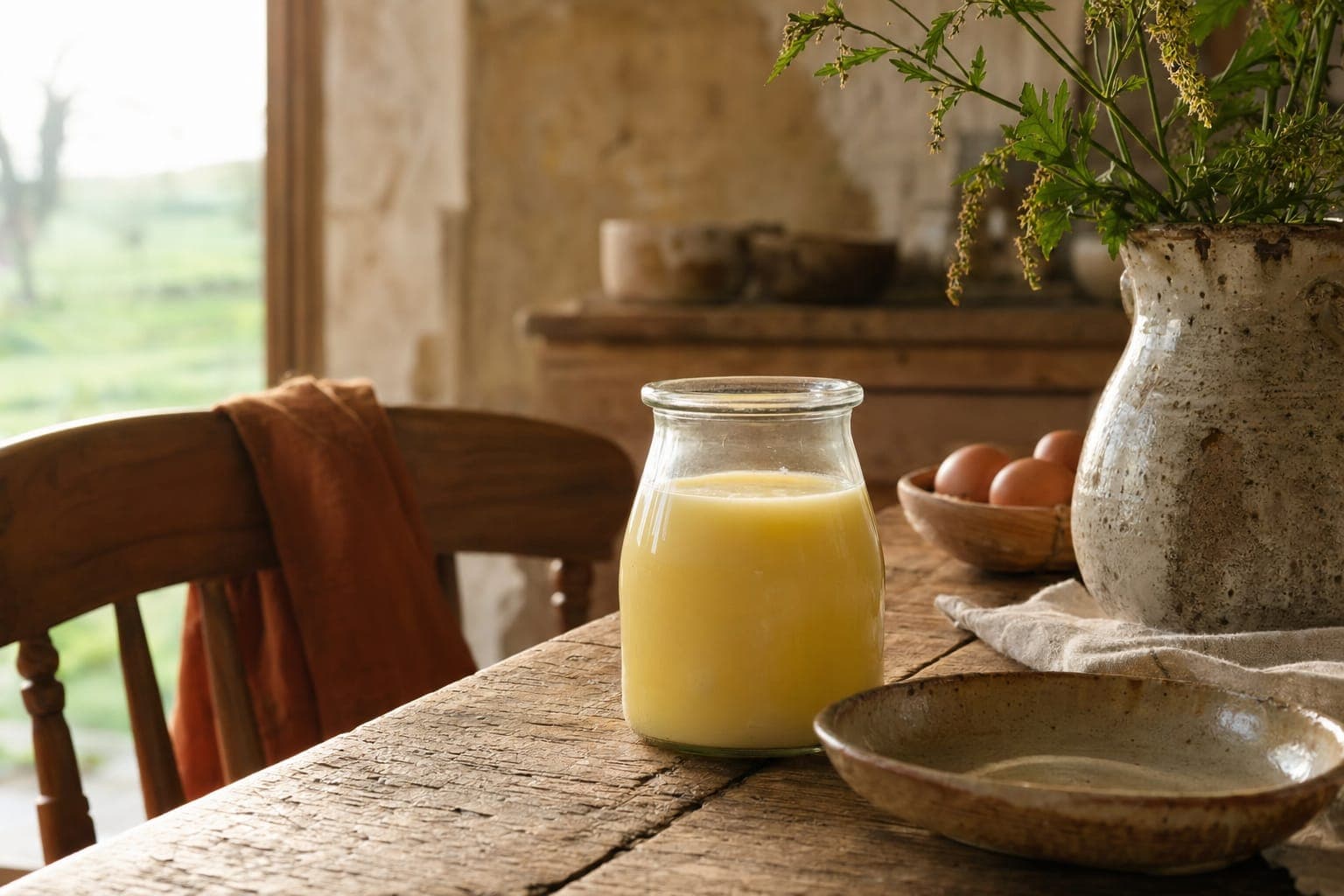 A glass of milk on a wooden table by a window in soft morning light