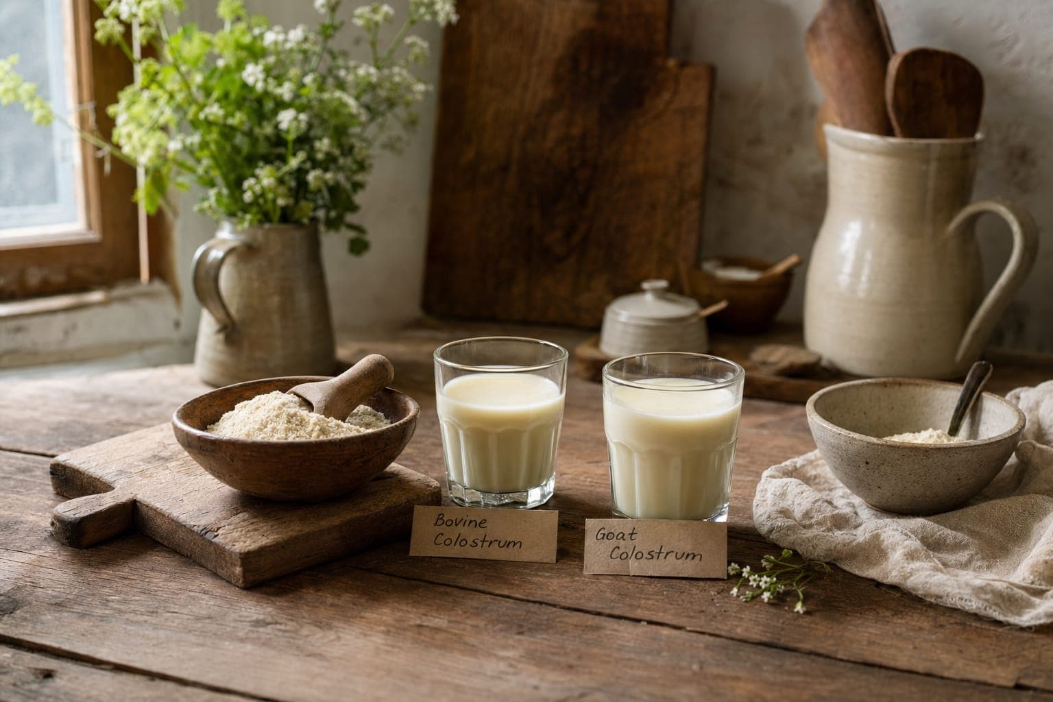 A stoneware jug of milk and bowls on a kitchen counter in soft light