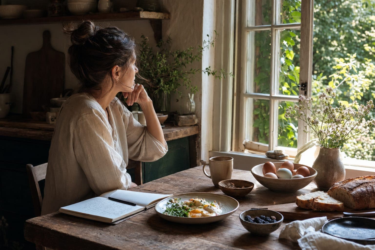 A person resting their head in thought at a sunlit table by a window