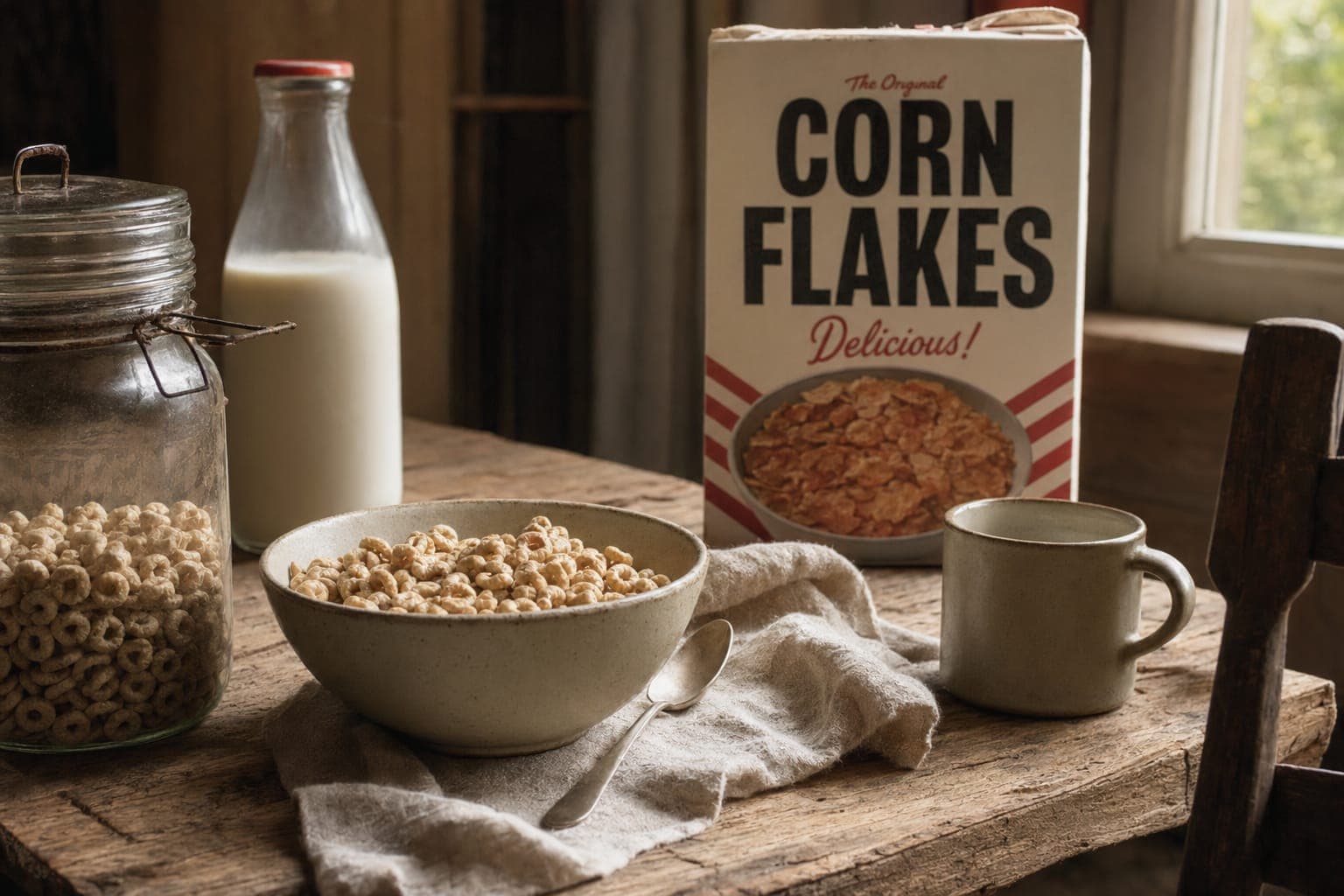 A box of processed corn flakes cereal on a kitchen counter in plain light