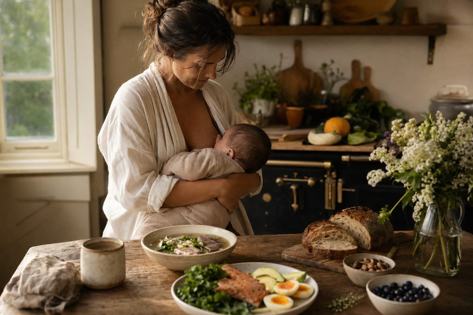 A mother holding her baby in a kitchen beside a table of nourishing food