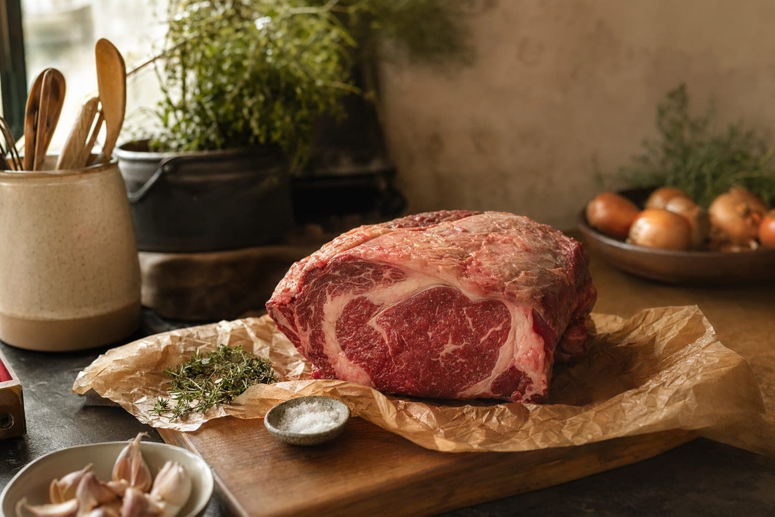 A raw beef roast on a wooden board with vegetables in warm light