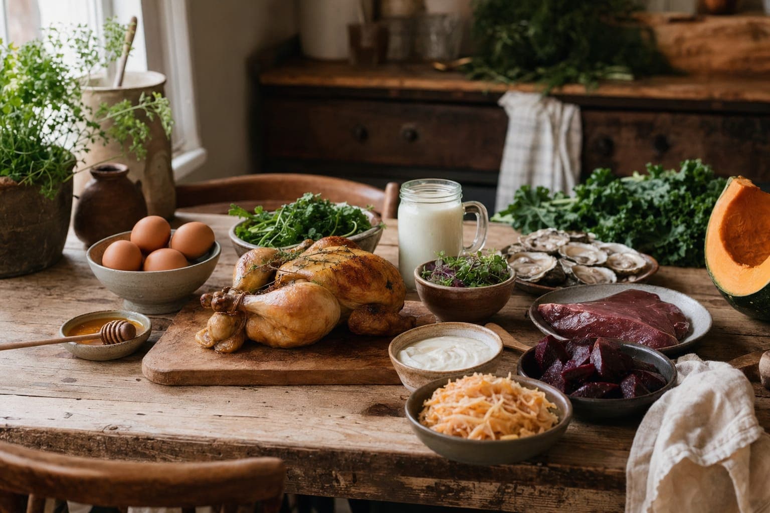 A table spread with citrus, vegetables and herbs for immune support in warm light