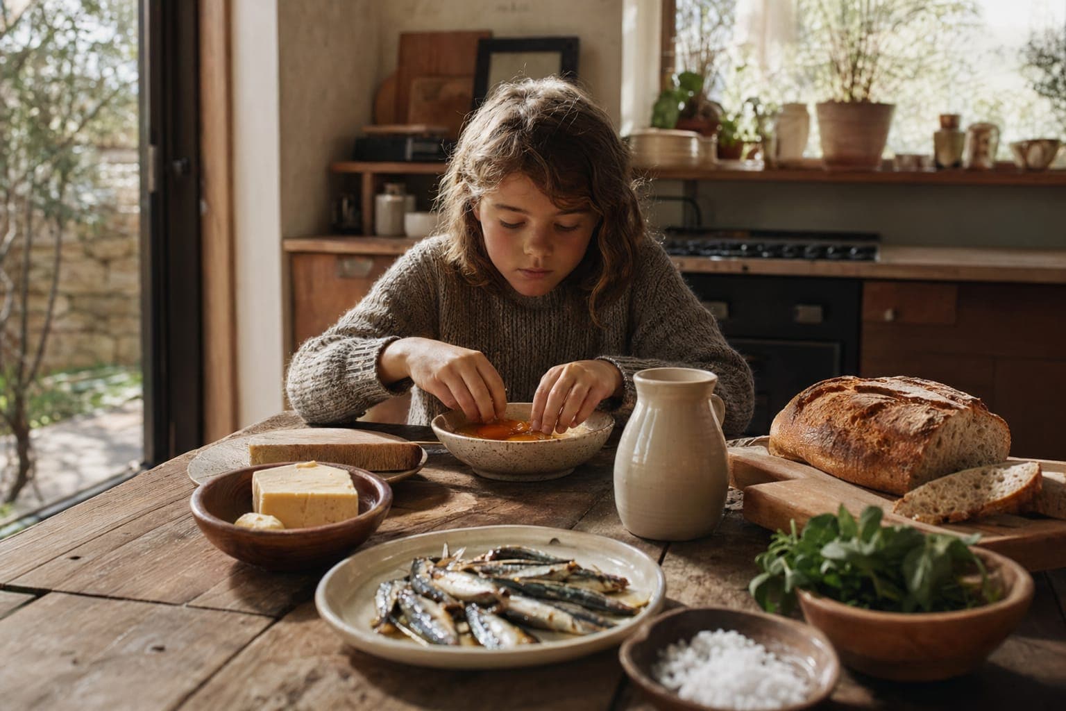 A parent and child at a table with milk and wholesome food in warm light