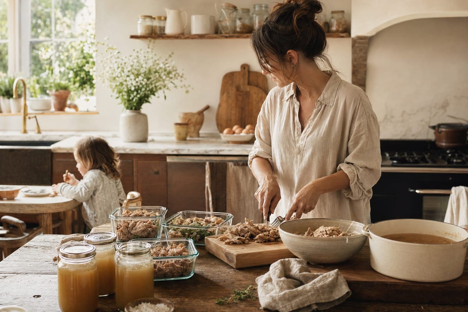 A parent preparing whole foods in a plant-filled kitchen in soft light
