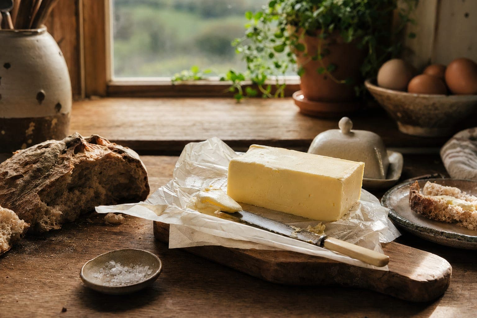 A block of golden butter on a wooden board in warm natural light