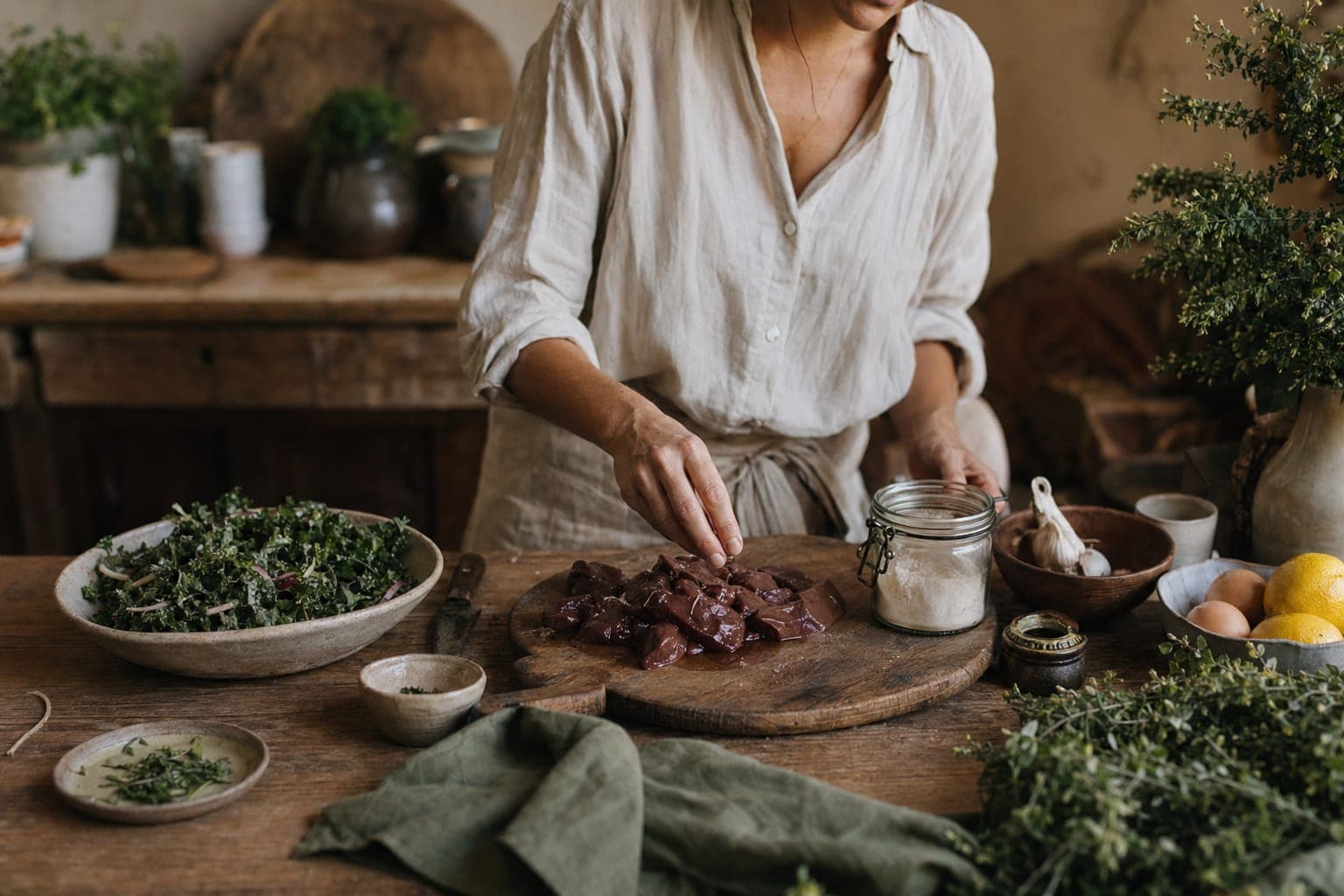A woman preparing a plate of greens and meat at a kitchen counter in warm light