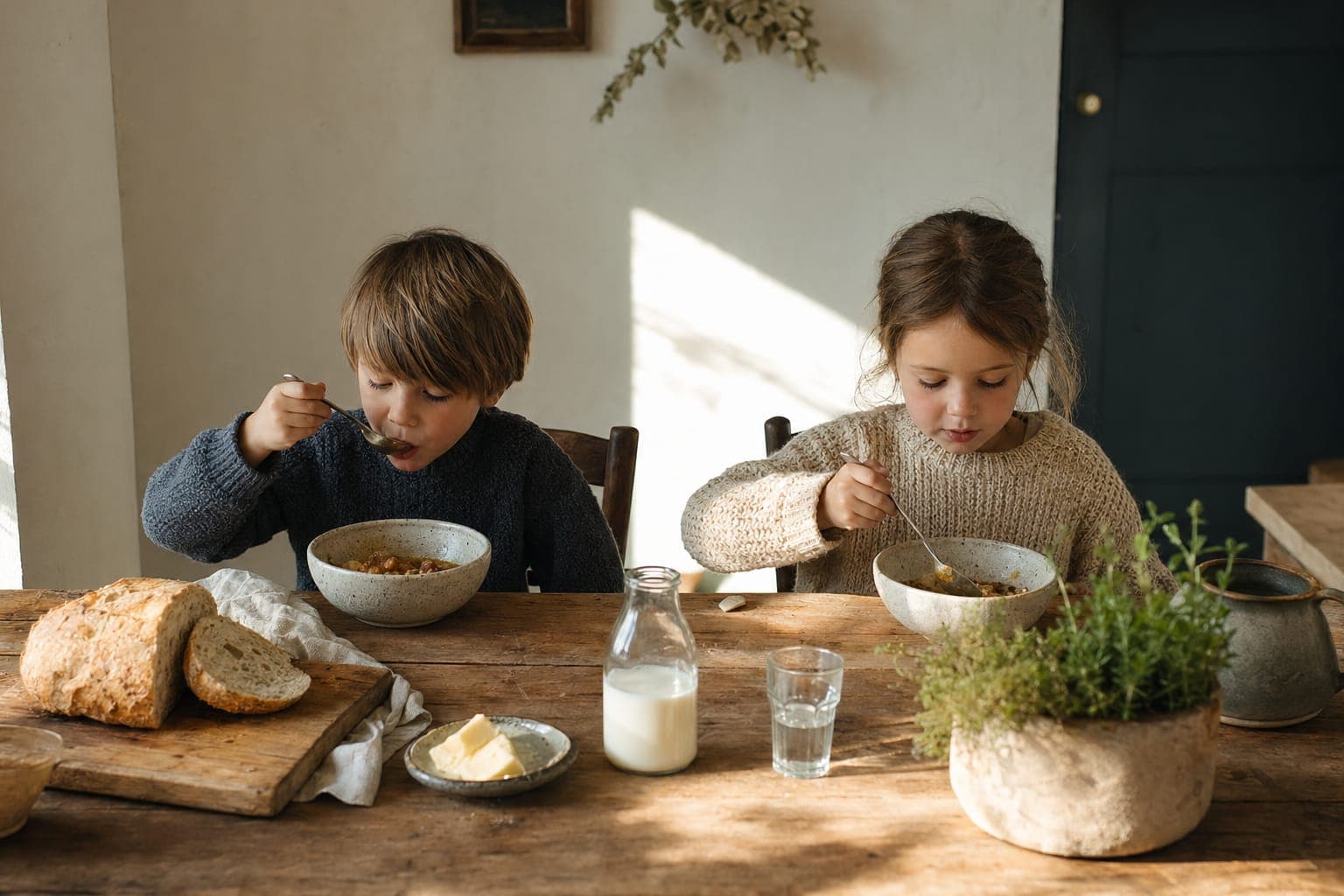 Two children at a sunlit table with bowls of wholesome food