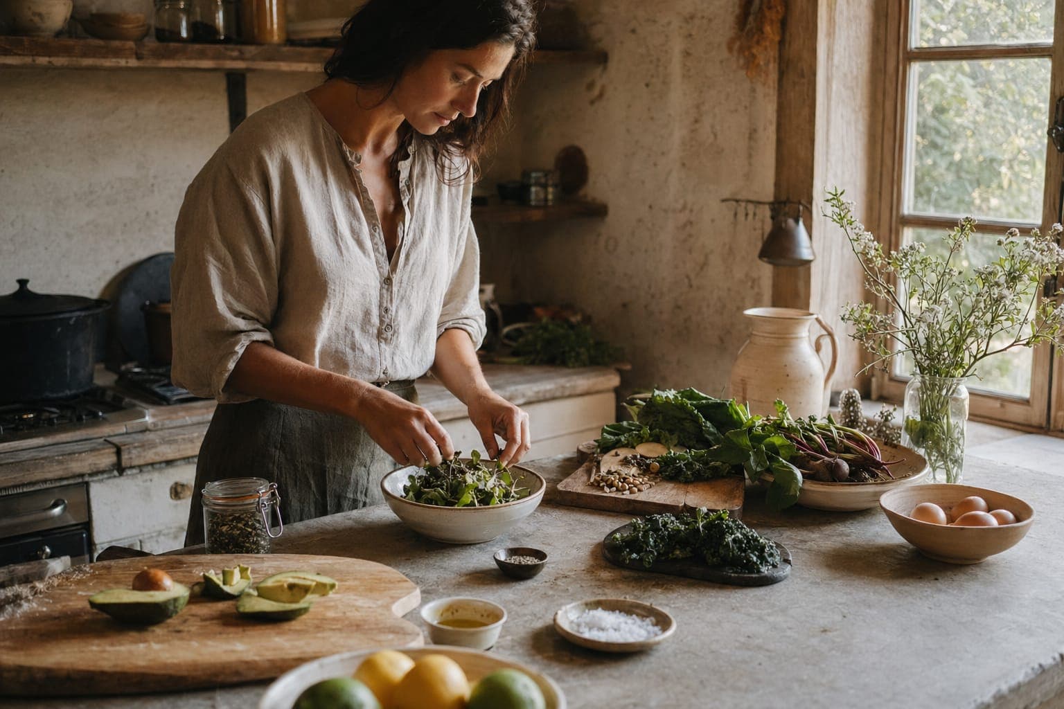 A person calmly preparing food at a kitchen table in soft natural light