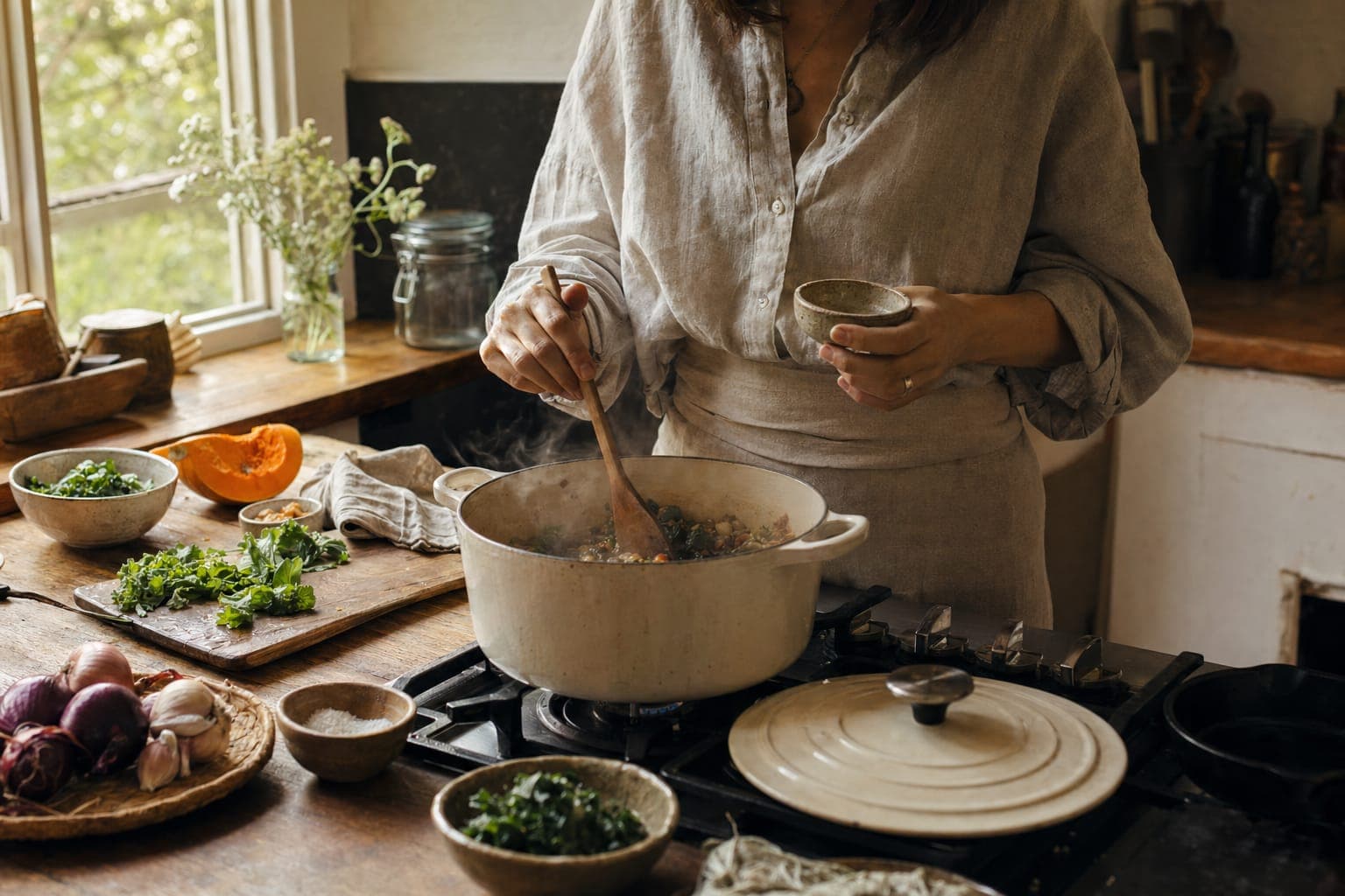 Hands mixing ingredients in a bowl on a counter surrounded by whole foods