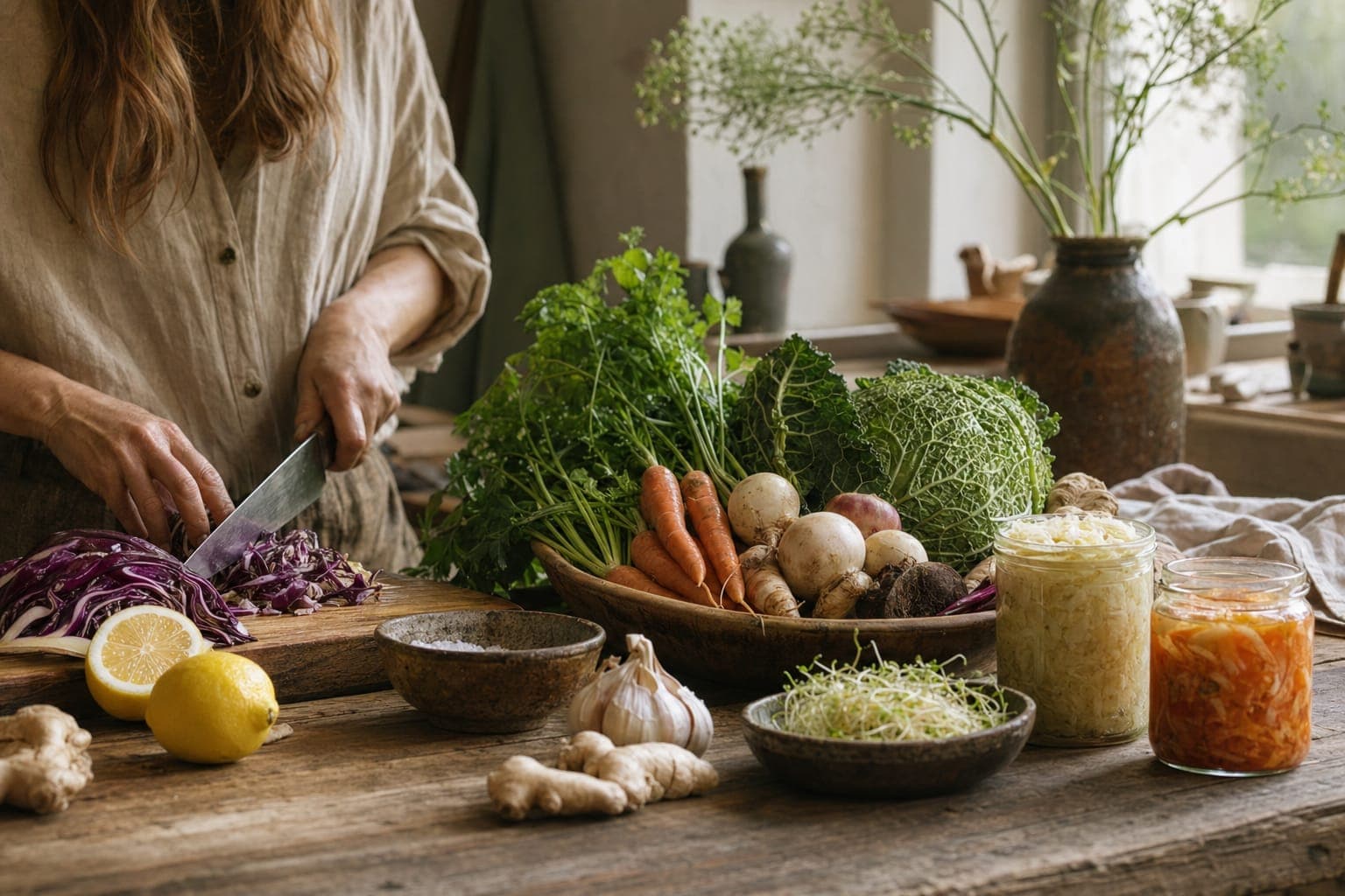 Fresh vegetables, herbs and citrus on a kitchen counter in warm light