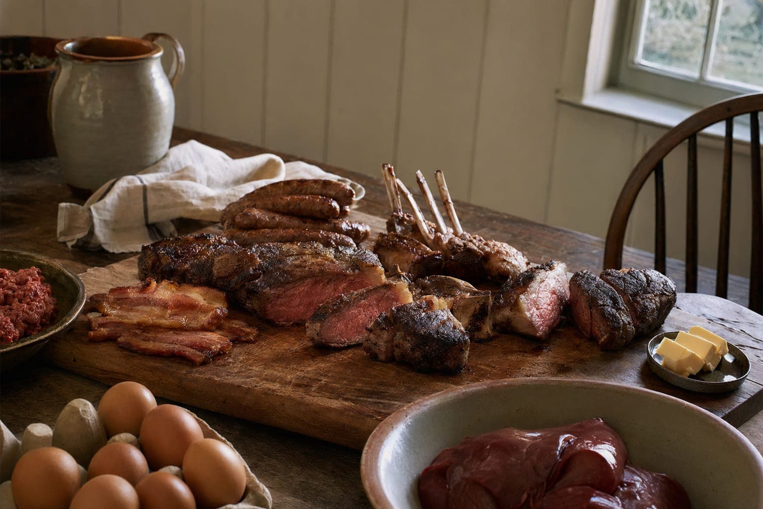 A dark spread of raw meats and organ cuts on a wooden board