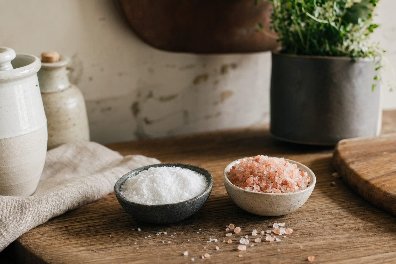 Bowls of grey and pink sea salt on a counter, comparing salt types
