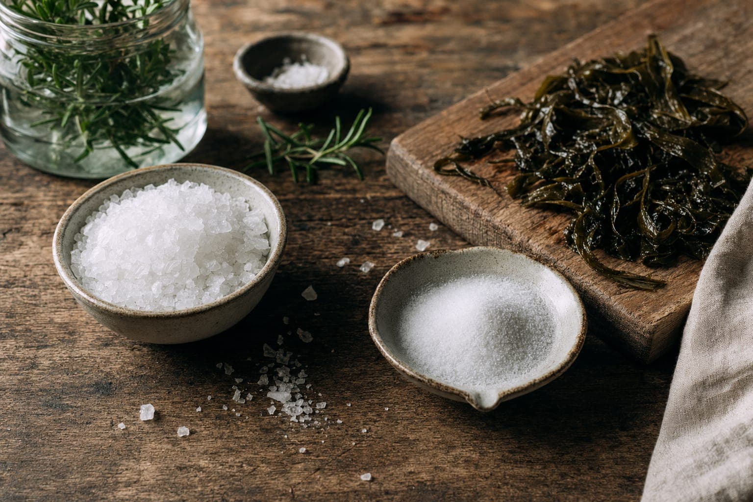 A bowl of grey Celtic sea salt with herbs on a dark surface