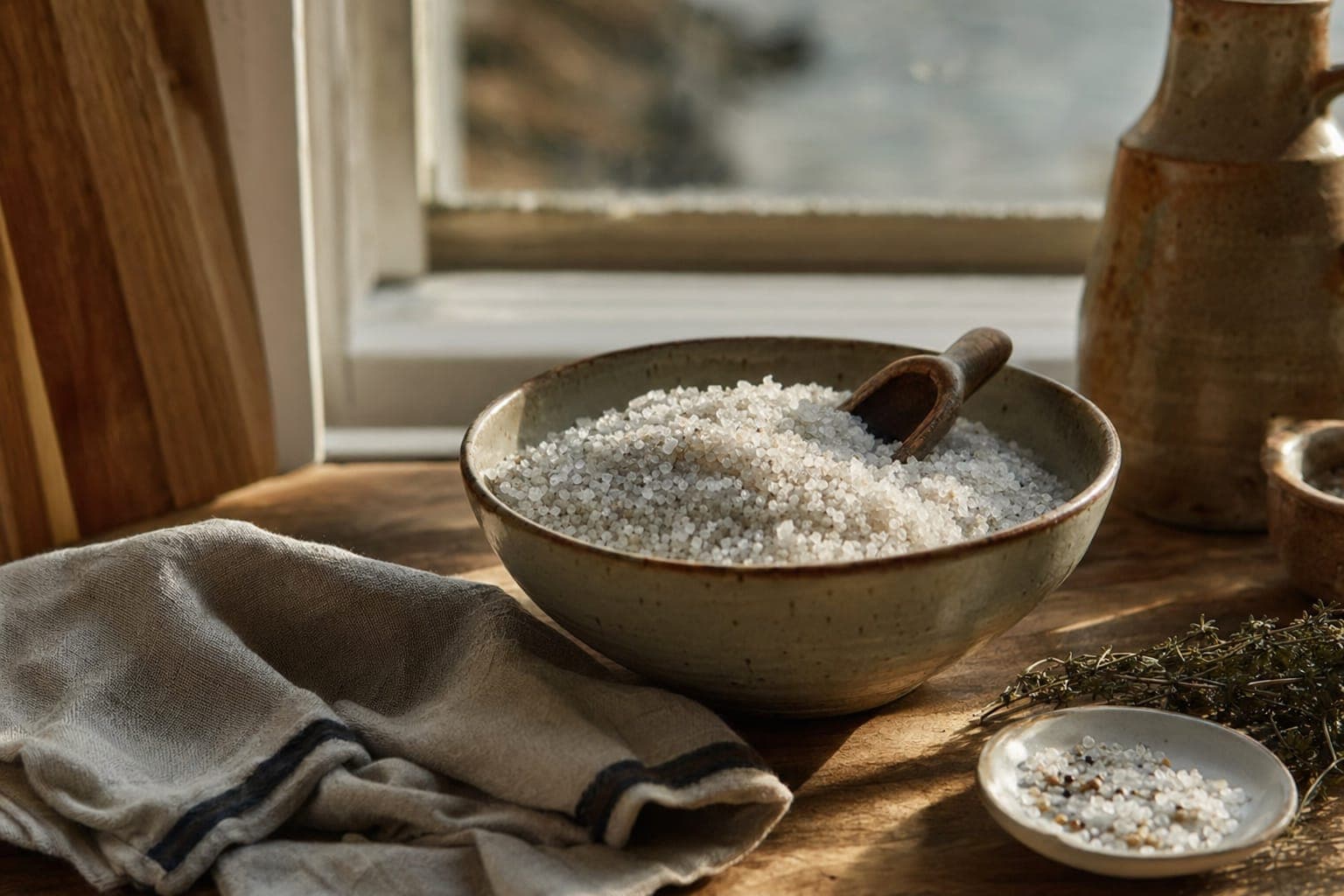A bowl of coarse sea salt on a rustic wooden table in soft light