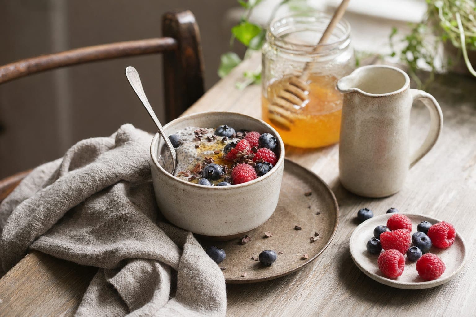 A bowl of chia pudding topped with berries beside a jar of honey in bright light