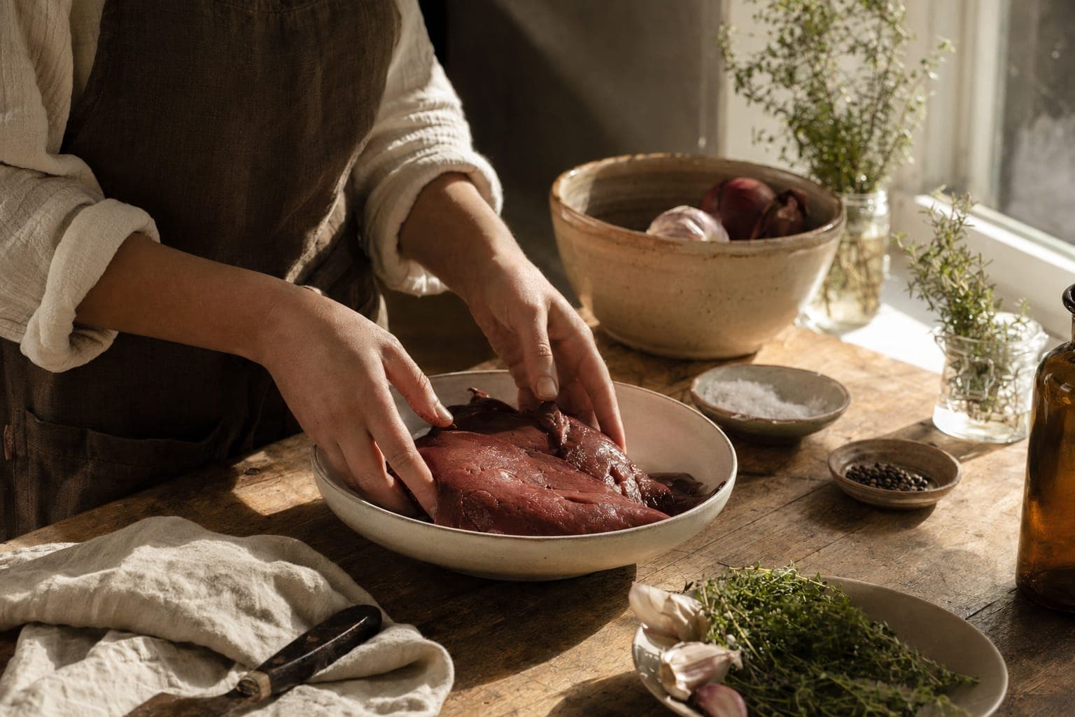 Hands cracking eggs into a bowl on a wooden counter in warm light