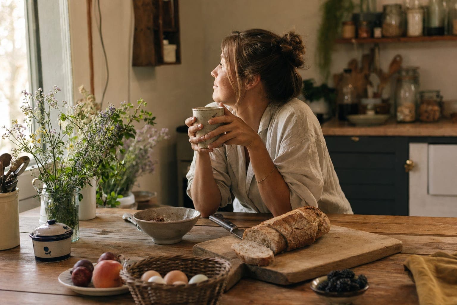 A woman standing in a sunlit kitchen with whole foods, looking thoughtful