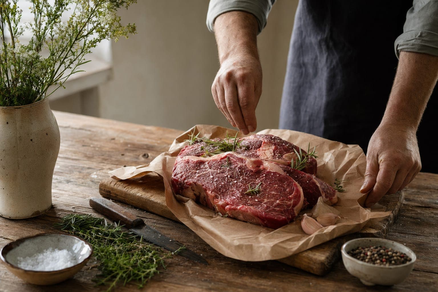 A raw grass-fed beef steak on a wooden board with fresh herbs in warm light