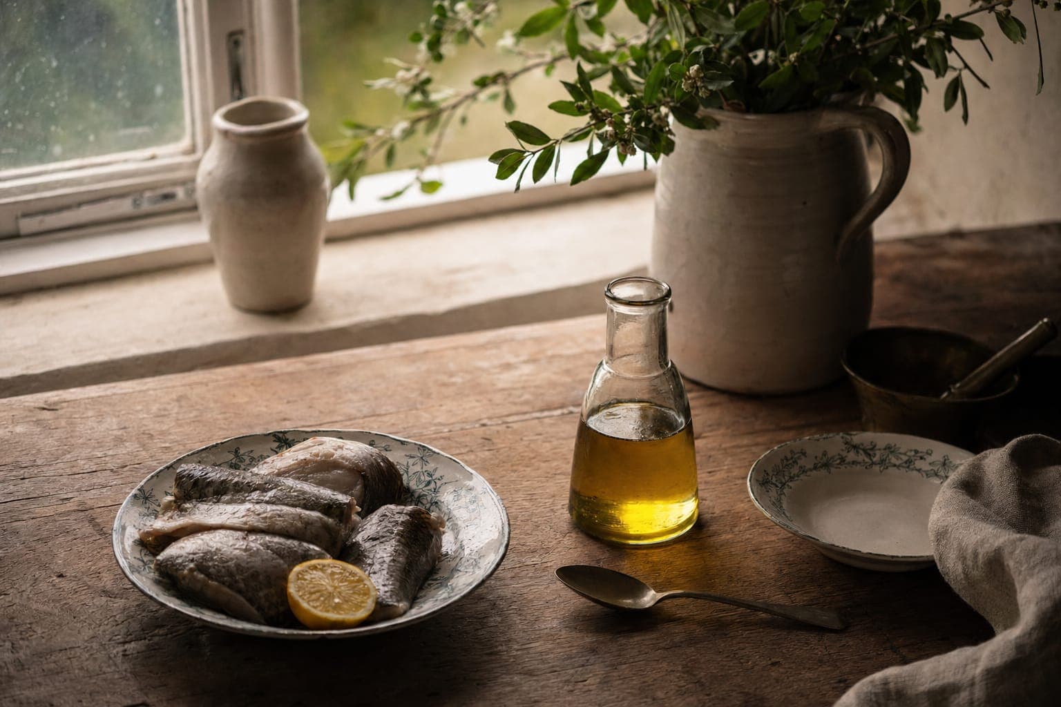 A bottle of cod liver oil with a small dish and fish on a rustic table