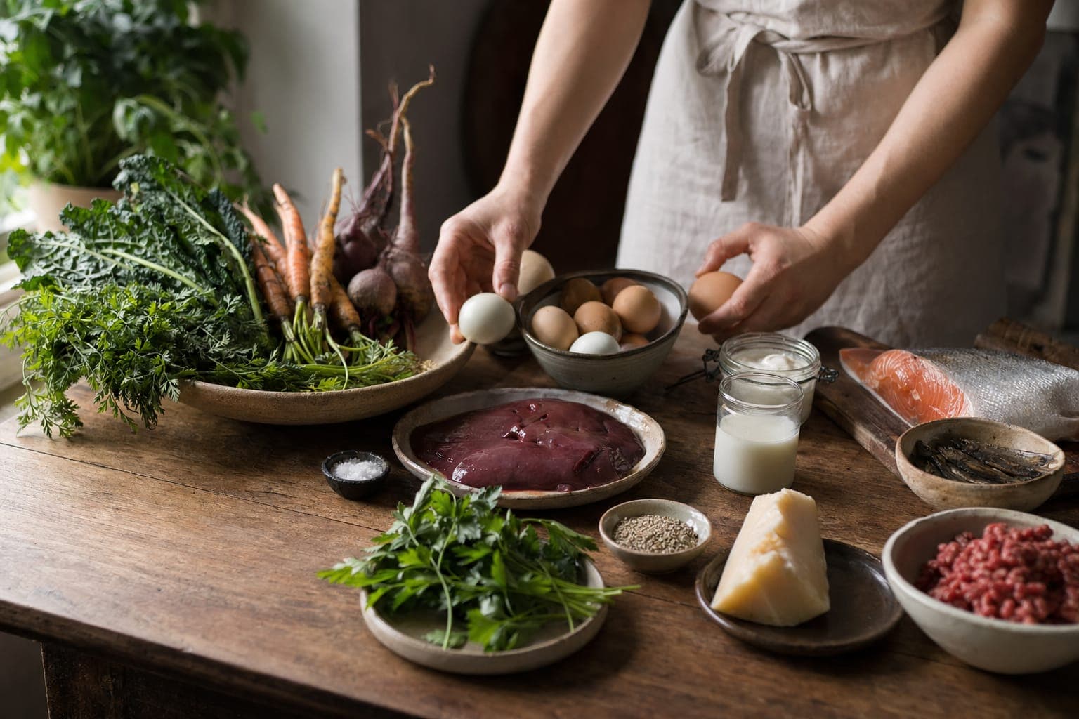 Hands chopping fresh herbs beside bowls of meat and vegetables in warm light