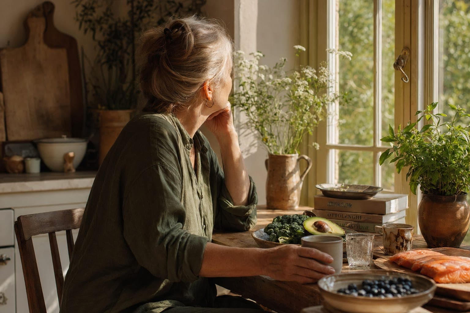 An older woman in a sunlit, plant-filled kitchen in soft natural light