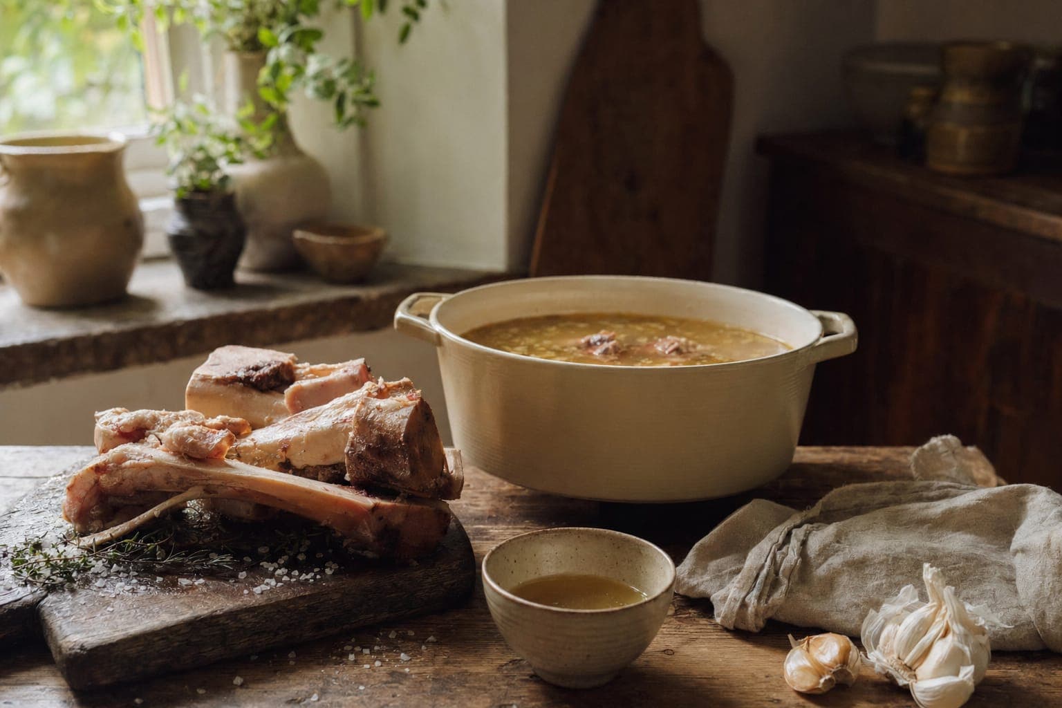 A pot of golden broth with crusty bread on a rustic table in warm light