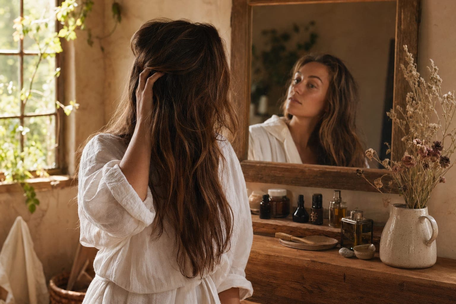 A woman with long flowing hair standing in a warm, sunlit kitchen