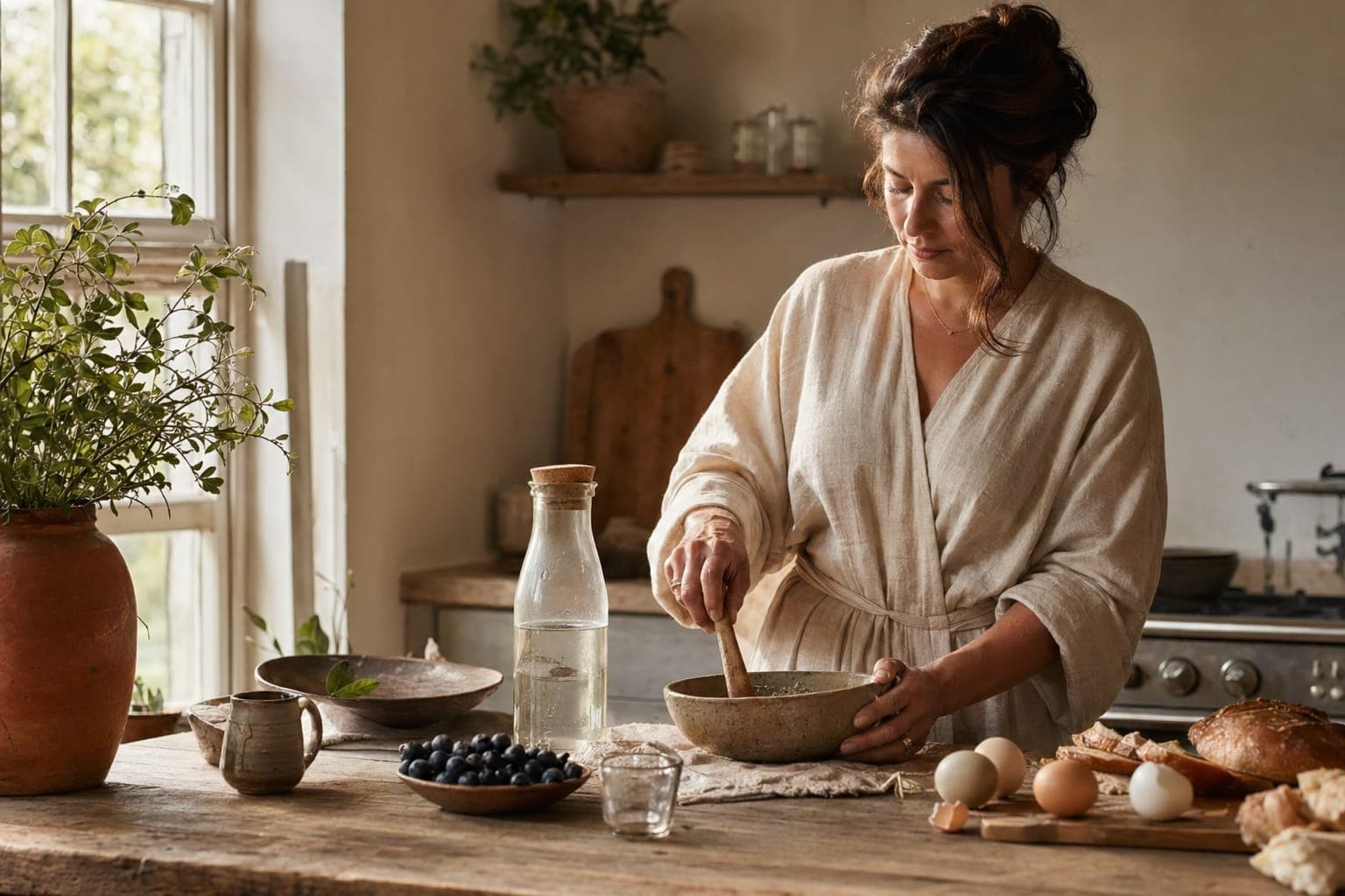 A woman preparing food at a kitchen counter with bowls in bright light
