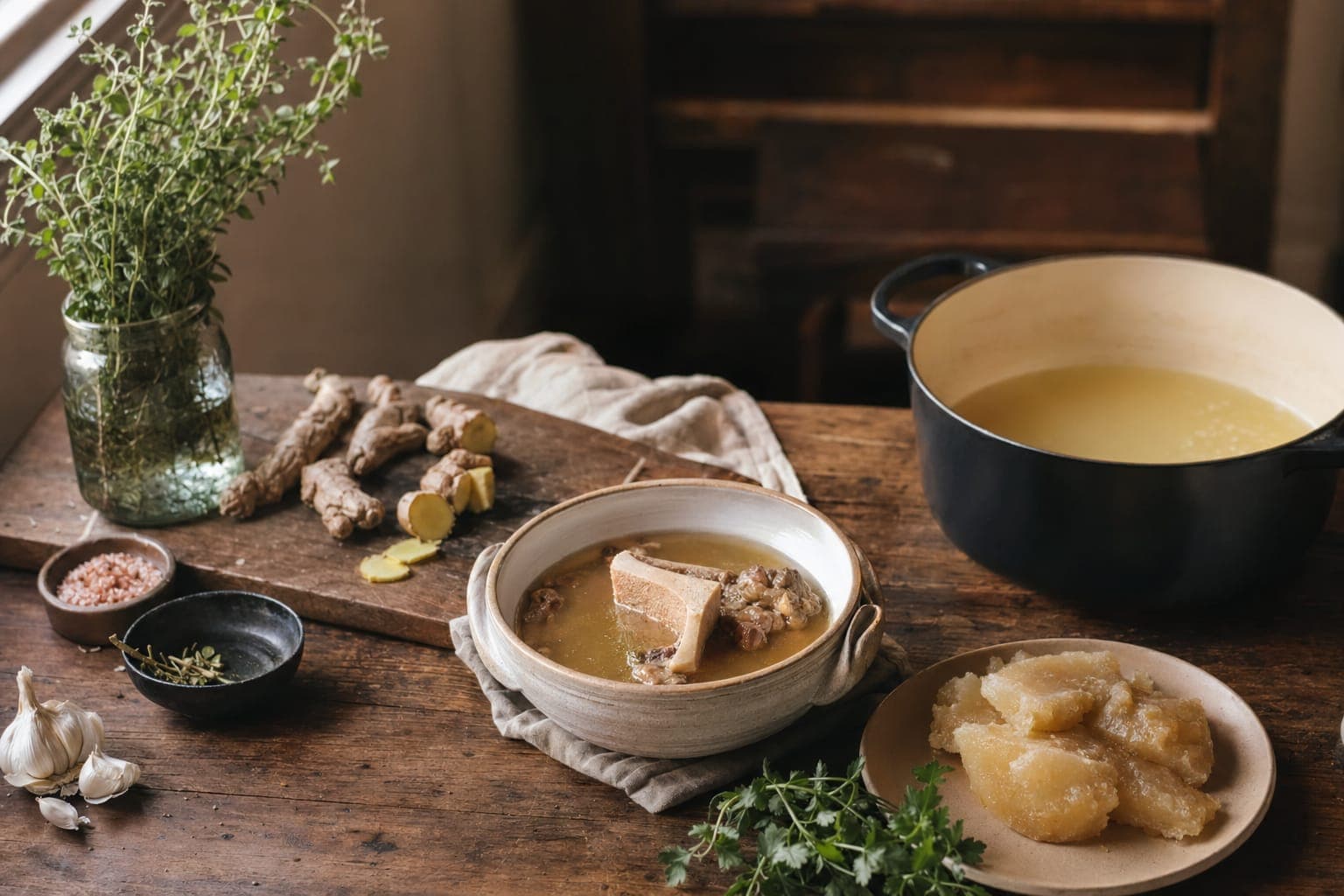 A pot of golden bone broth with potatoes and vegetables on a table
