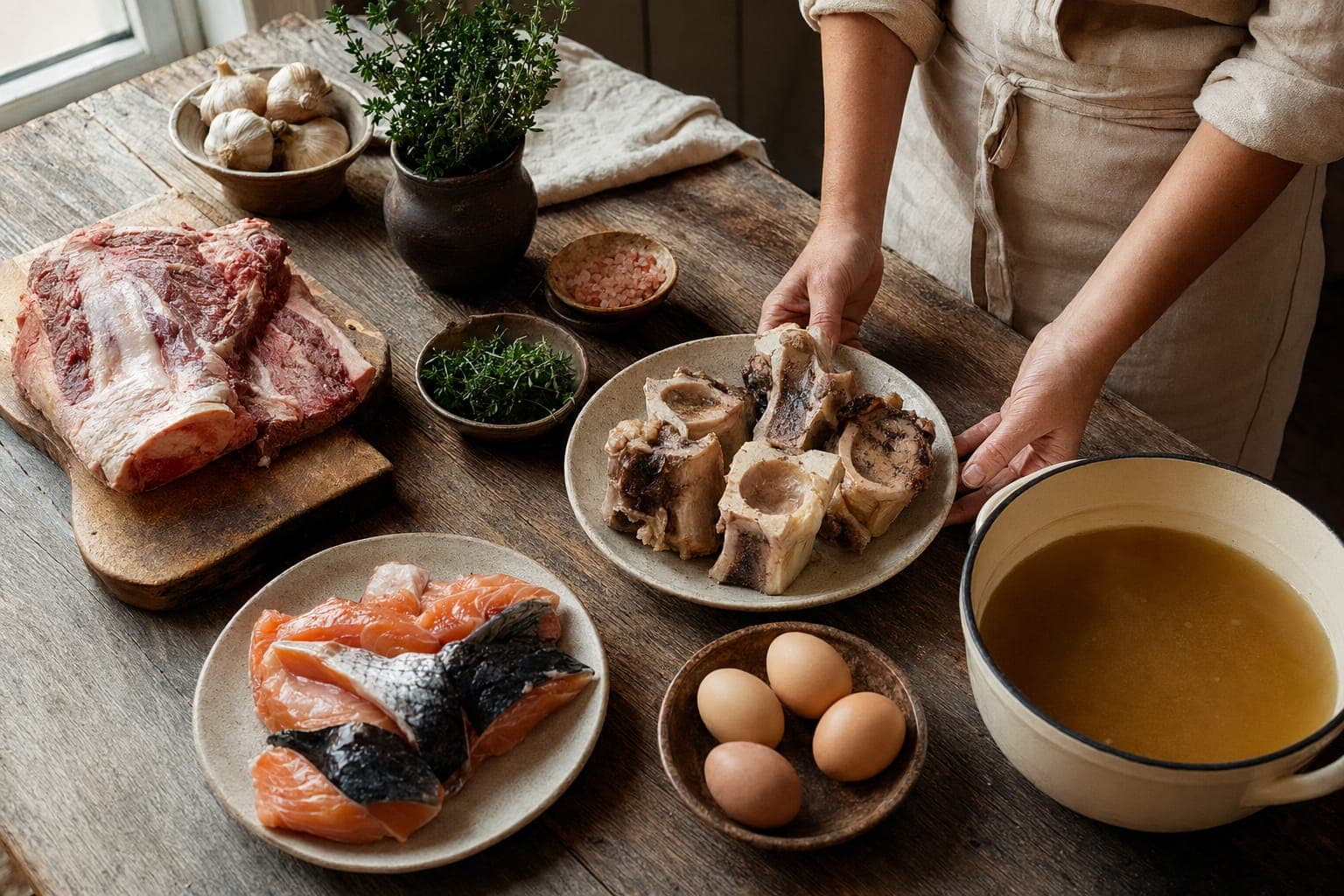 Hands serving golden broth at a table with fish and bread in warm light