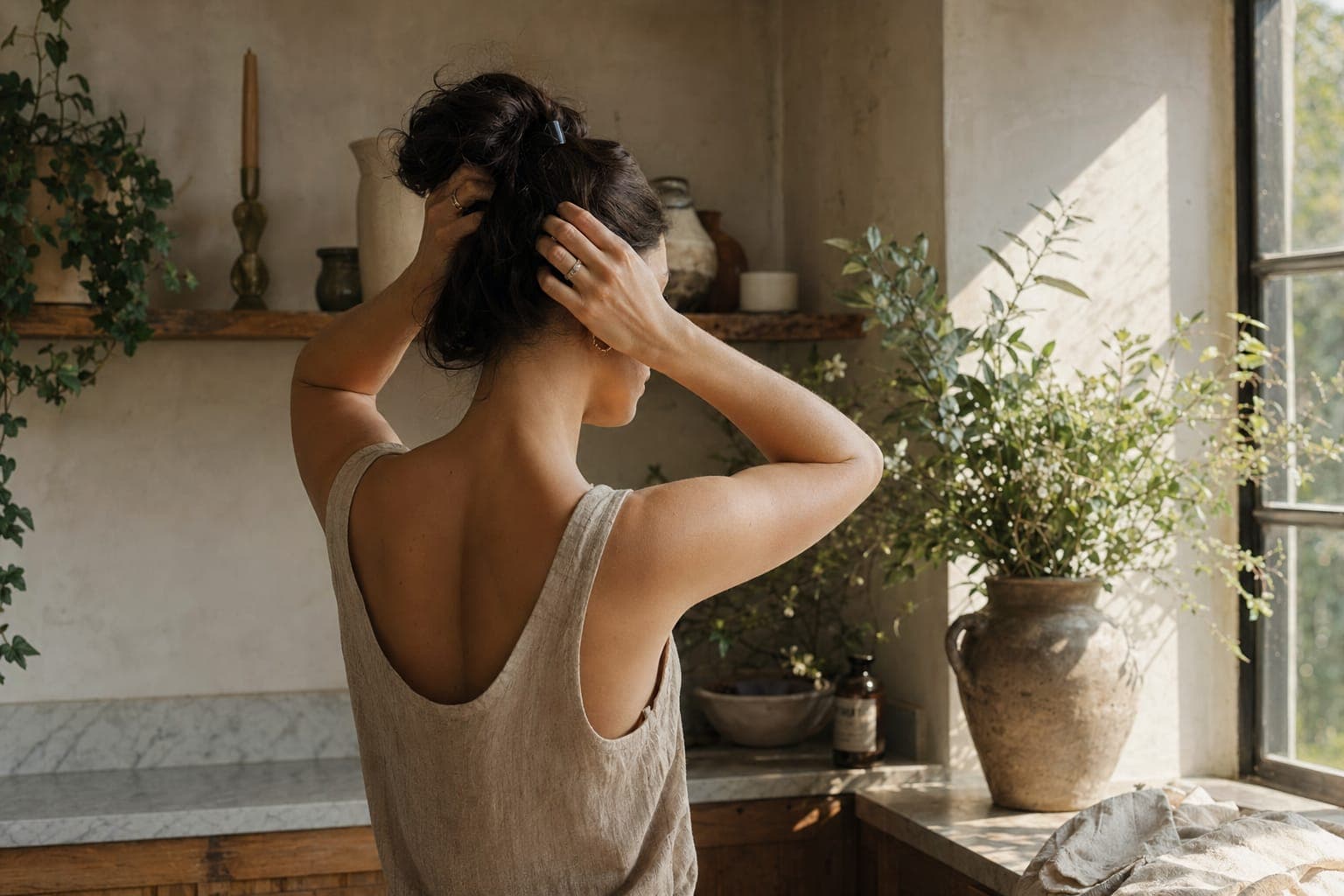 A woman seen from behind with bare shoulders in soft natural light