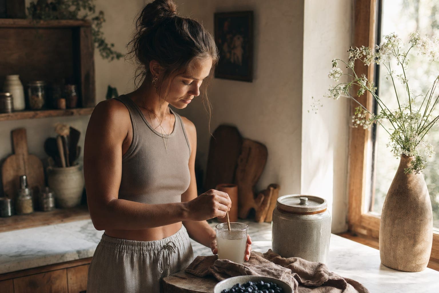 A young woman in a bright kitchen surrounded by herbs and plants