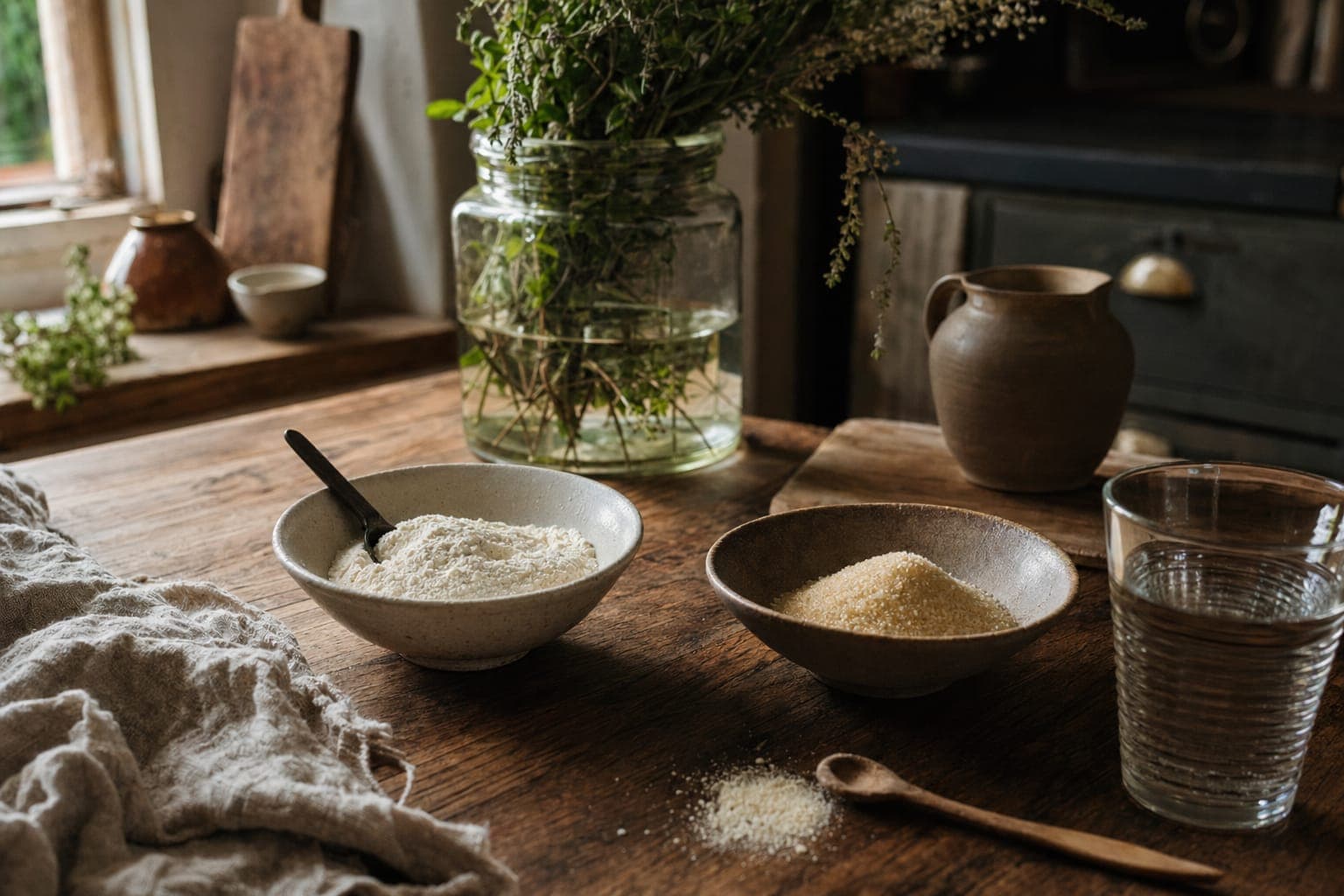 Stoneware bowls and a jug of milk on a wooden table in soft light