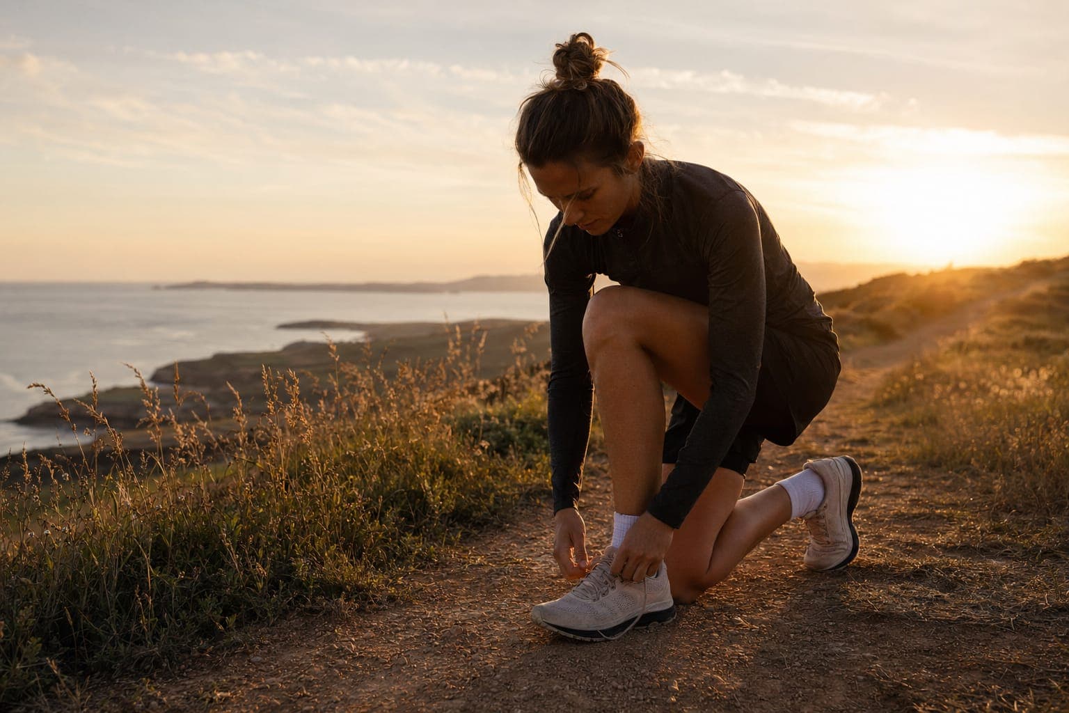 A runner crouching to tie their shoes on a coastal path at sunrise