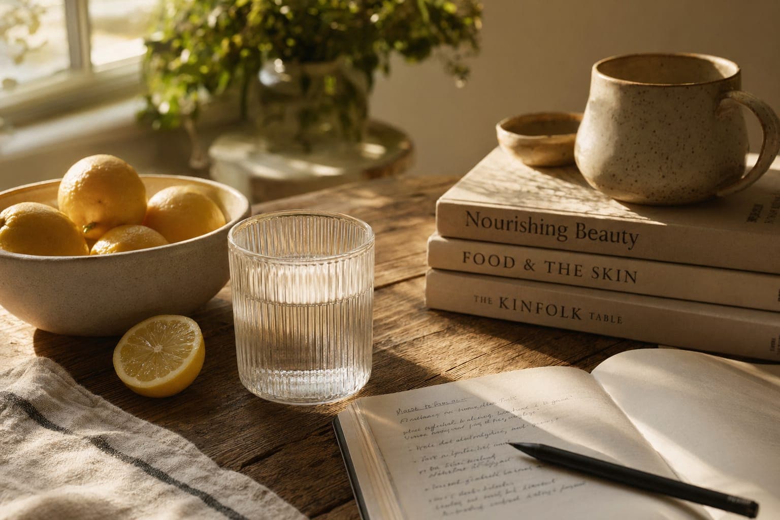 A glass of milk with lemons and linen on a table in soft light
