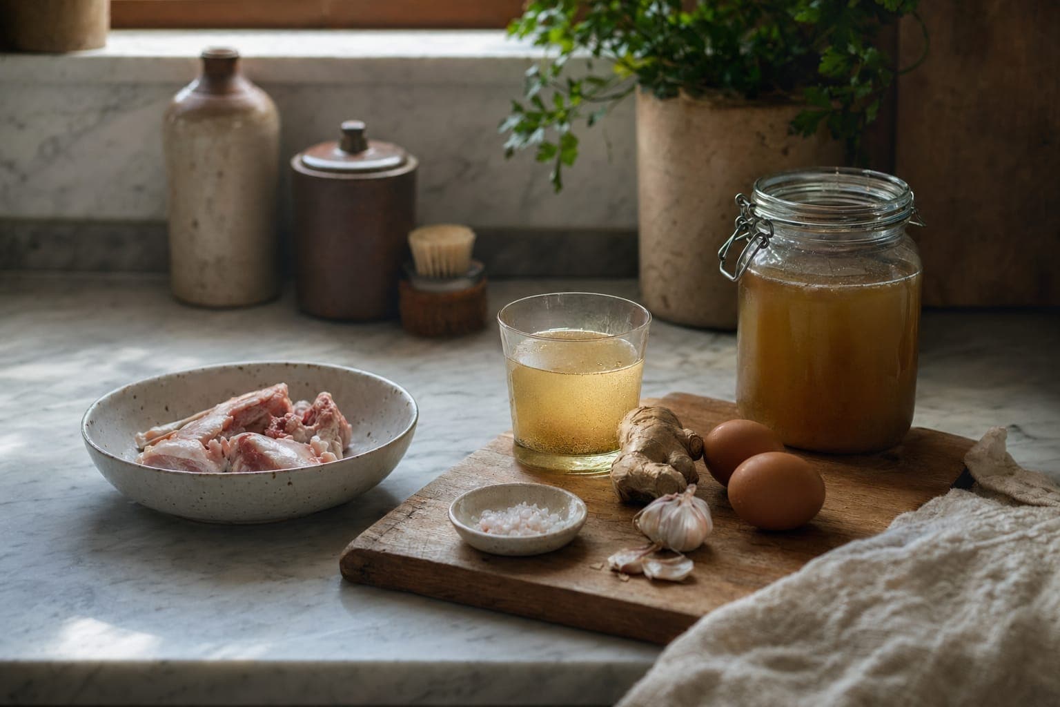 A glass of creamy drink with eggs and fruit on a wooden table in warm light