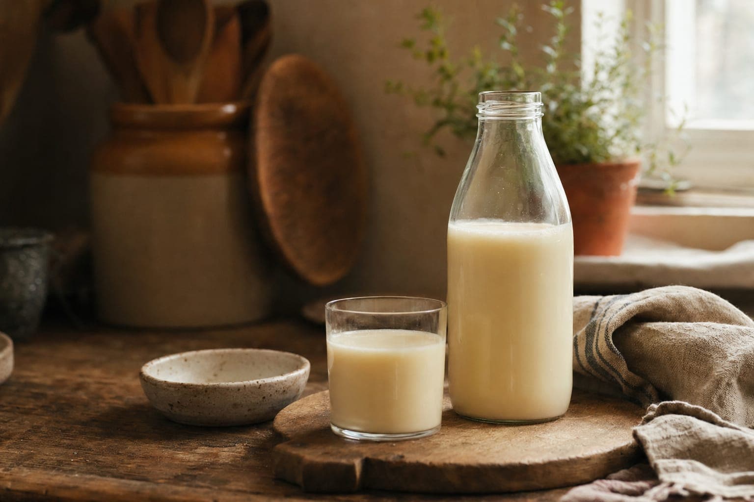 A bottle and glass of milk on a table by a sunlit window