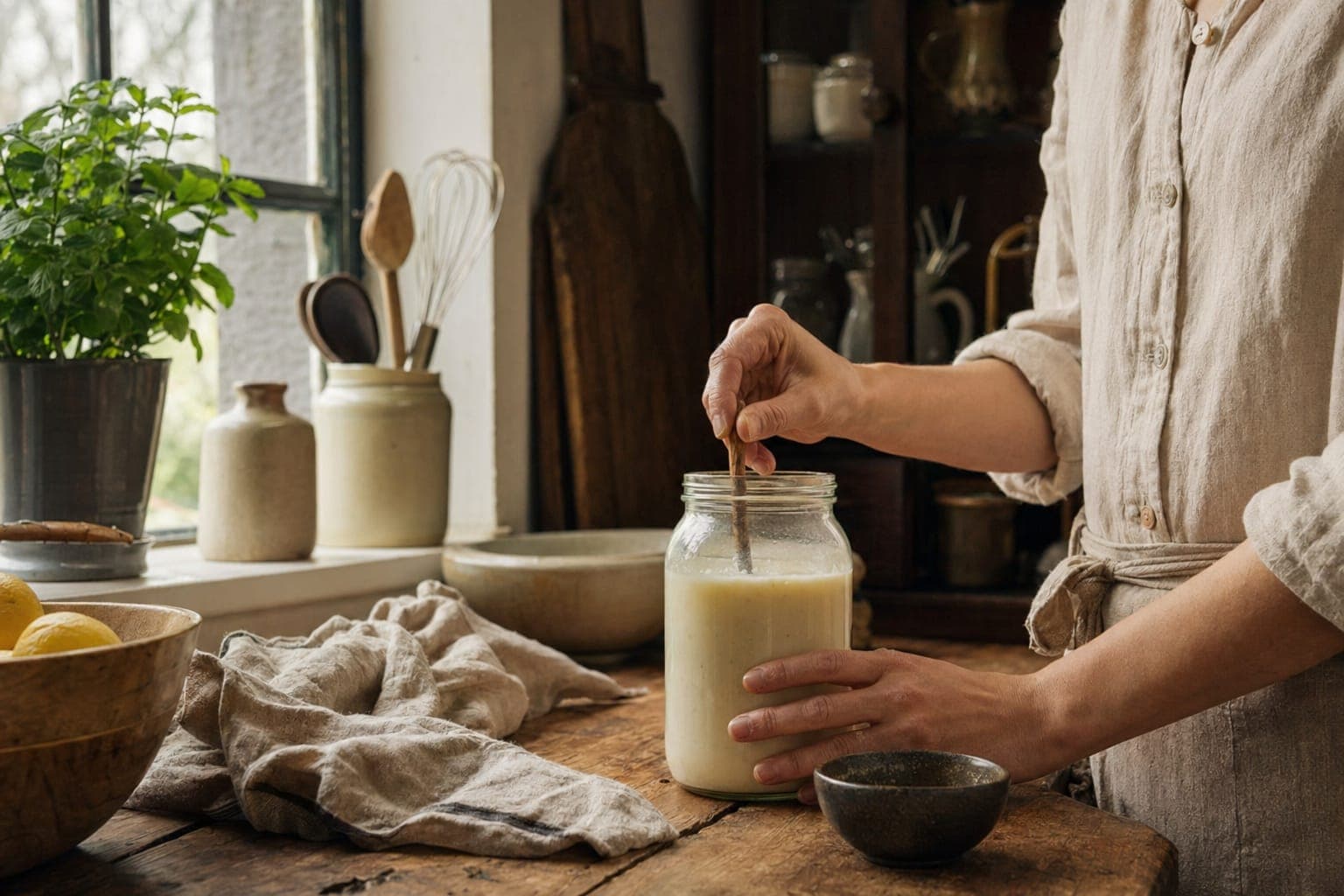A person stirring a glass of creamy milk in a warm kitchen