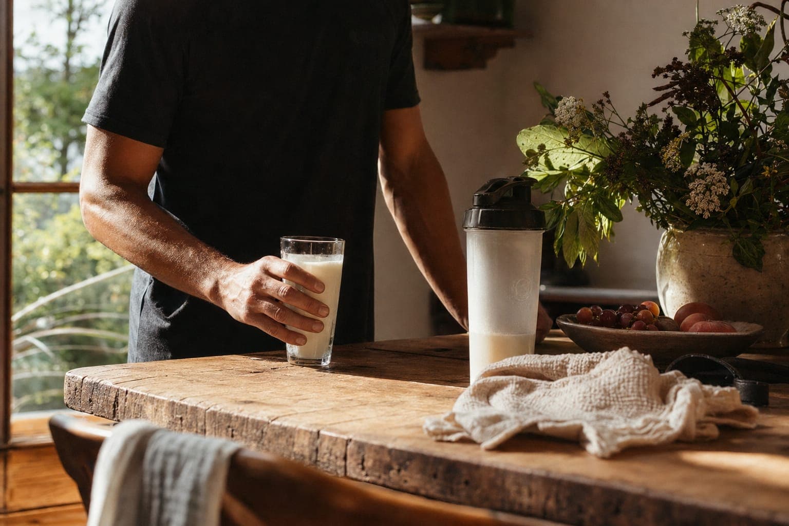 A jar of milk on a kitchen counter with herbs in warm light
