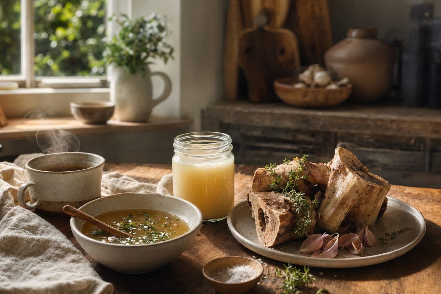A breakfast table with bowls, juice and bread in soft morning light
