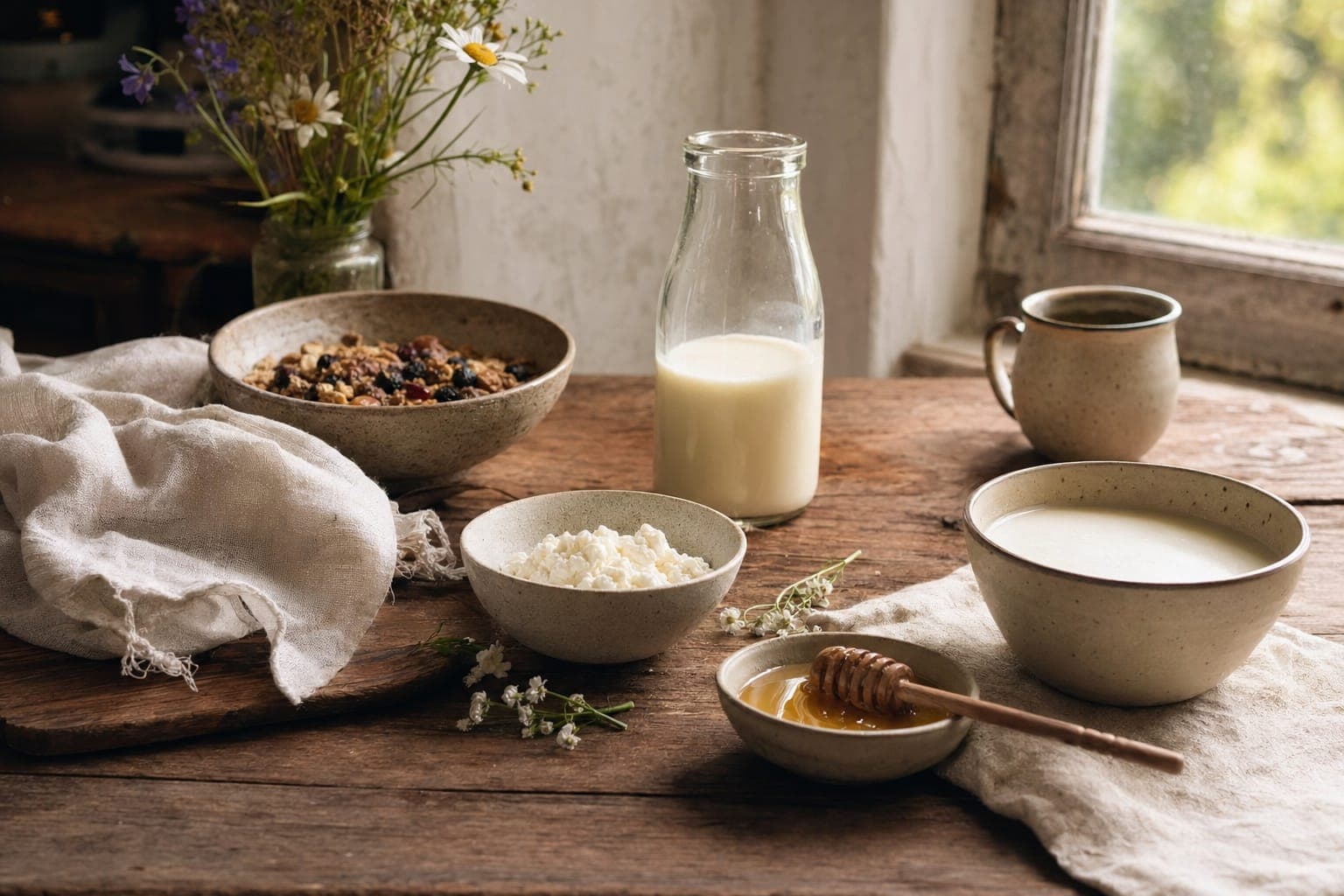 Bowls of grains and milk on a rustic table in warm light